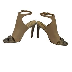 BCBGeneration MALCOLM TAN-SNAKESKIN  ANKLE STRAP OPEN TOE HEELS SZ 7.5 MED